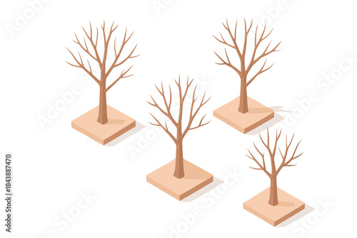 Leafless trees in isometric winter style on geometric platforms