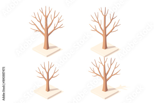 Isometric leafless trees set on minimal platforms in soft earthy tones