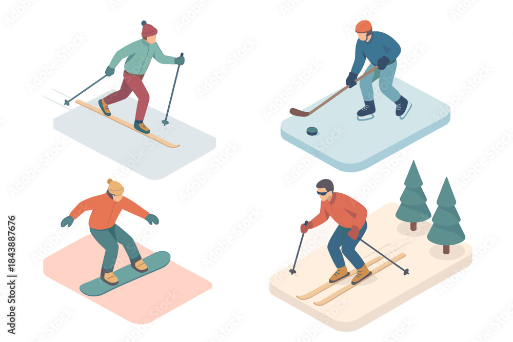 Obraz premium Isometric winter sports activities: skiing, snowboarding, and ice hockey scene