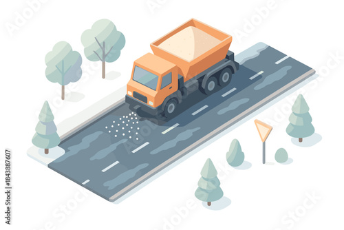 Isometric winter road maintenance with snowplow truck on snowy street