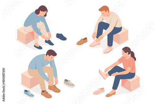 Isometric people trying on shoes: casual fashion shopping scene