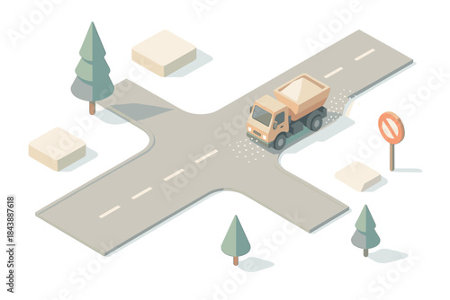 Winter road safety isometric scene with snowplow truck and road sign