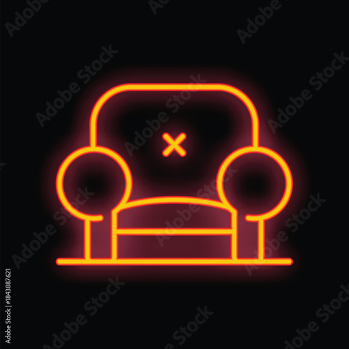 Bright neon sign of empty seat with cross glowing on dark background