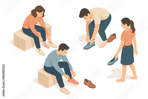People trying on shoes in an isometric style