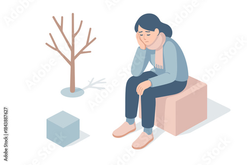 Isometric winter blues: woman sitting alone by bare tree and ice cube