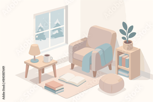 Cozy minimalist living room with armchair and winter window scene