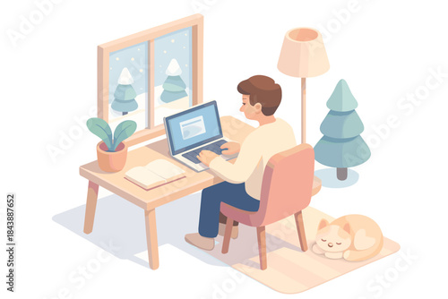 Cozy home workspace in winter with laptop and sleeping cat near window