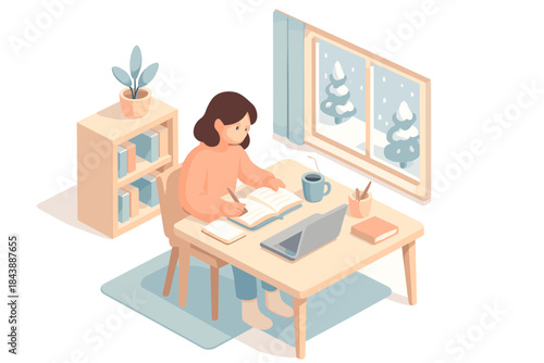 Cozy winter study session with warm beverages and snowy window view