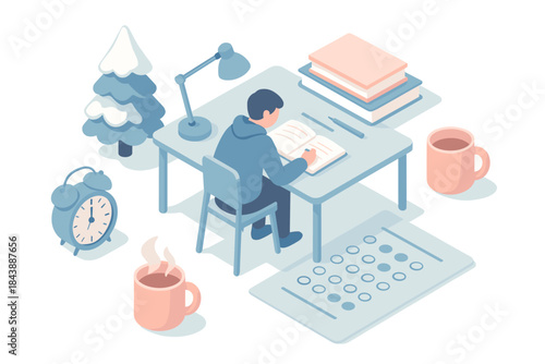 Cozy isometric study setup with winter décor and hot drinks