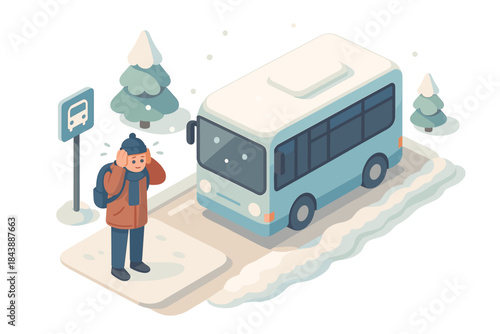 Winter commute scene with person waiting for bus at snowy stop