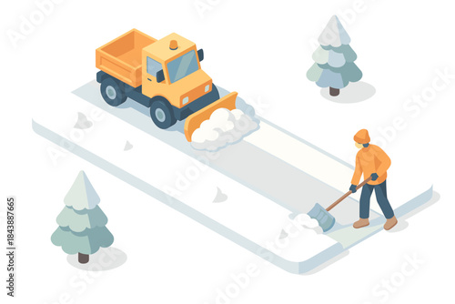 Winter snow removal scene with snowplow and worker in isometric style