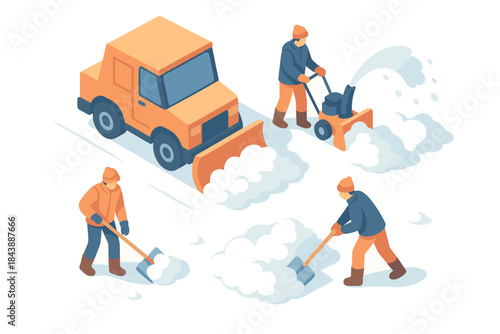 Winter snow removal activities with workers and equipment in isometric style