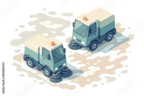 Isometric street cleaning vehicles on wet pavement background