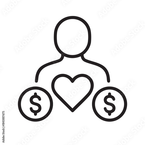 A simple black and white line drawing depicts a person with coins and a heart symbol around them
