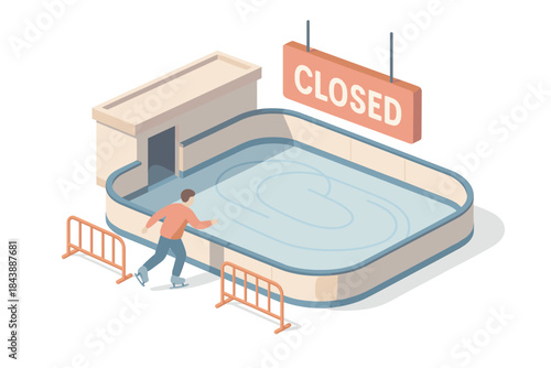 Isometric ice skating rink with closed sign and skater in motion