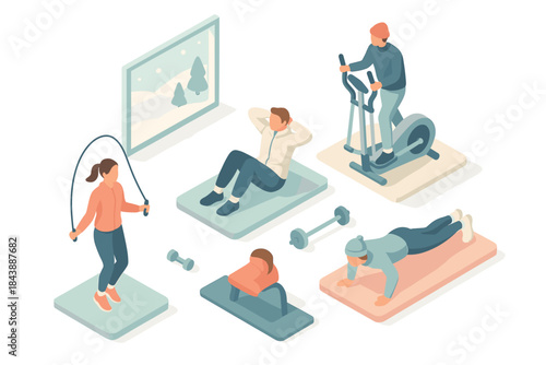 Home workout routine in winter: isometric design with people exercising indoors