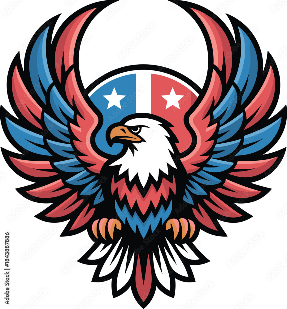 Obraz premium Colorful Patriotic Eagle Logo with Shield Emblem – American Freedom Bird Vector Illustration