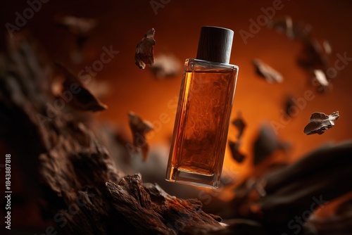 Luxury Fragrance Bottle with Textured Cap and Dynamic Wood Pieces. Premium Men's Cologne, Woody Scent, Autumnal Background.