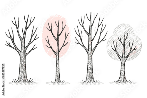Stylized sketch trees with minimalist abstract elements in pencil style
