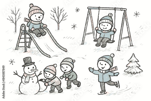 Whimsical winter fun with children playing in snowy park