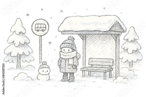 Charming pencil sketch of snowy bus stop with child and snowman in winter wonderland