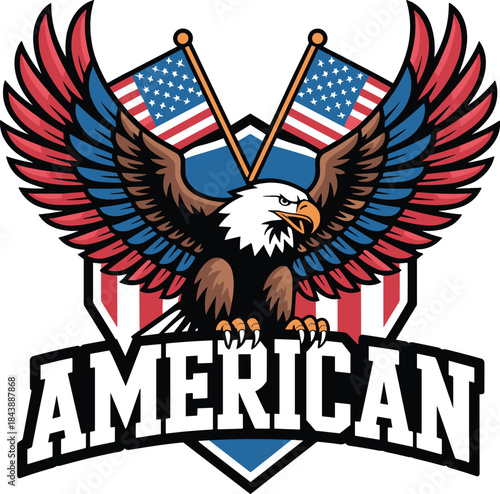 American Bald Eagle Patriotic Logo with USA Flags Vector Illustration