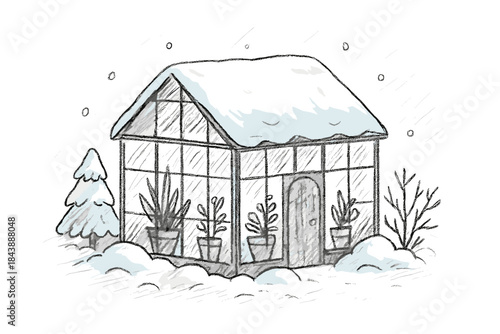 Winter greenhouse in hand-drawn style with snowy surroundings