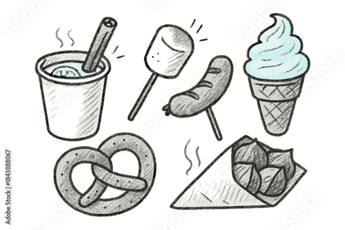 Hand drawn chalk style snack collection: ice cream, pretzel, hot drink, marshmallow