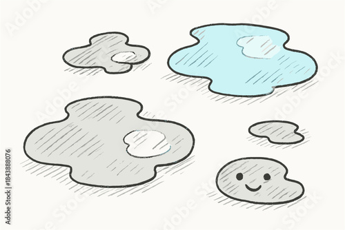 Hand-drawn cartoon clouds in pastel colors with smiling faces and shading lines