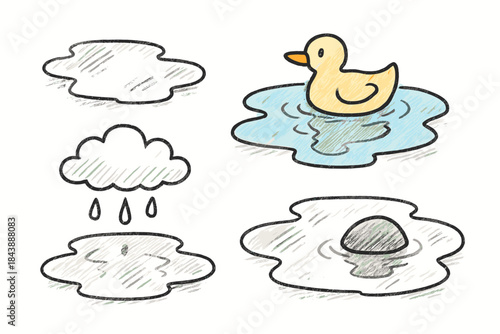 Cute doodle style weather icons with duck on puddle