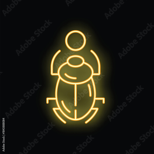 Bright neon yellow scarab beetle icon is glowing on a dark brick wall