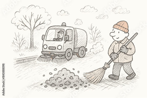 Whimsical cartoon of a smiling street sweeper and cleaning truck in action