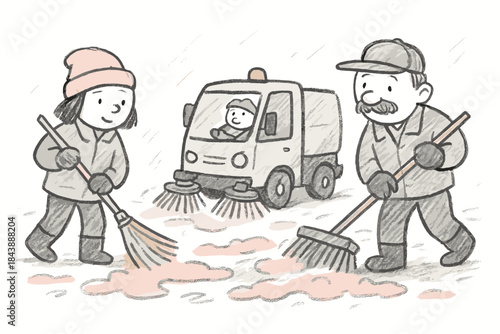 Street cleaning team in action with brooms and sweeper truck in hand-drawn style