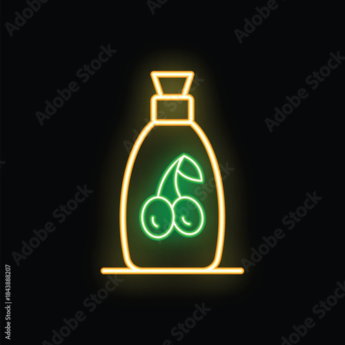 Neon glowing outline icon of a bottle of cherry juice on a black background