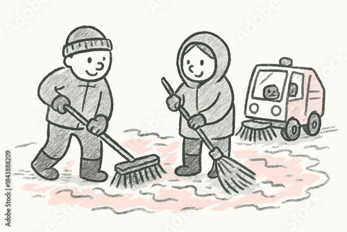 Chalk style winter cleanup scene with smiling workers and snow sweeper