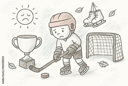 Sad little hockey player facing defeat on the ice with trophy and skates