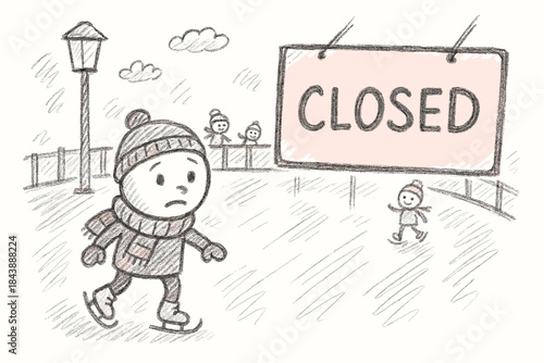 Sad skater facing closed ice rink in winter, hand-drawn sketch style