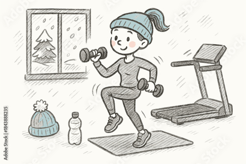 Cozy winter home workout scene: woman exercising with dumbbells indoors