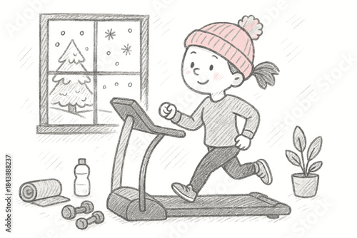 Cozy winter home exercise scene: young girl running on treadmill in warm outfit