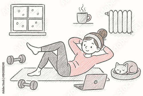 Cozy home workout in winter with coffee and cat companion