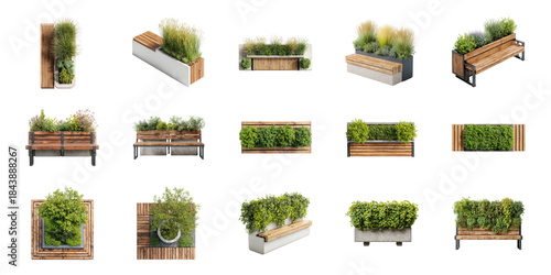 Urban Planter And Bench Designs Set. Modern Outdoor Furniture And Greenery Collection Isolated On Transparent Background