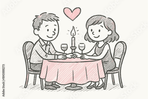 Romantic dinner doodle: couple dining with candlelight and heart