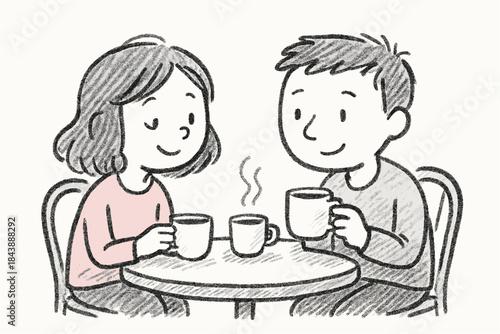 Chalk-drawn couple enjoying coffee together in a cozy cafe setting