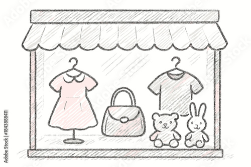 Boutique display with fashion and toys in sketch style