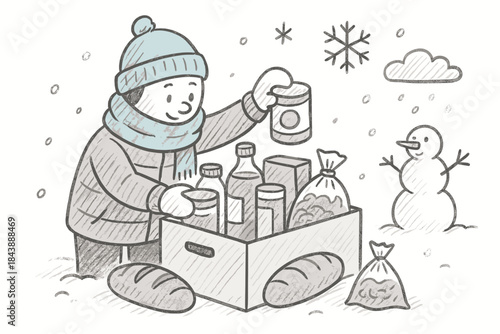 Winter charity drive: cartoon characters delivering holiday food packages in the snow