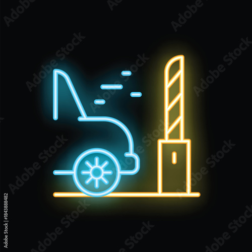 Neon icon of a car leaving a parking lot and passing through the barrier gate
