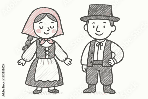 Charming hand-drawn couple in traditional european attire with smiling faces