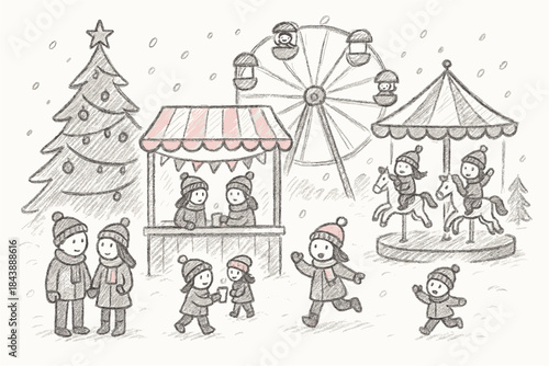 Festive winter carnival scene with family fun and holiday cheer in sketch style