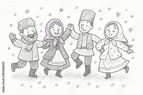 Festive folk dance: hand-drawn winter celebration with traditional costume