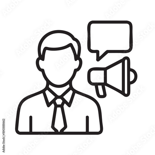 A simple line drawing depicts a person speaking into a megaphone with speech bubbles above their head